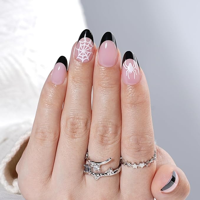 Spider Press On Nails Short Almond Spider Fake Nails with Spider Design, Black French Tip Press On Nails Reusable Stick On Nails in 16 Sizes, 32pcs False Nail Kit for Women & Girls