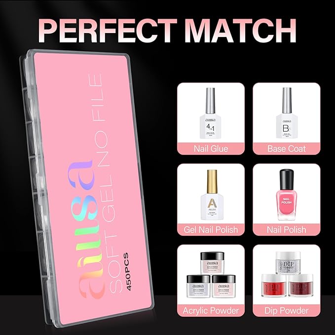 AILLSA Long Coffin Nail Tips - 450pcs Thickened Pre-shaped False Nail Tips Half Matte Nails Tips, Acrylic Fake Nails Extension for Home Salon DIY