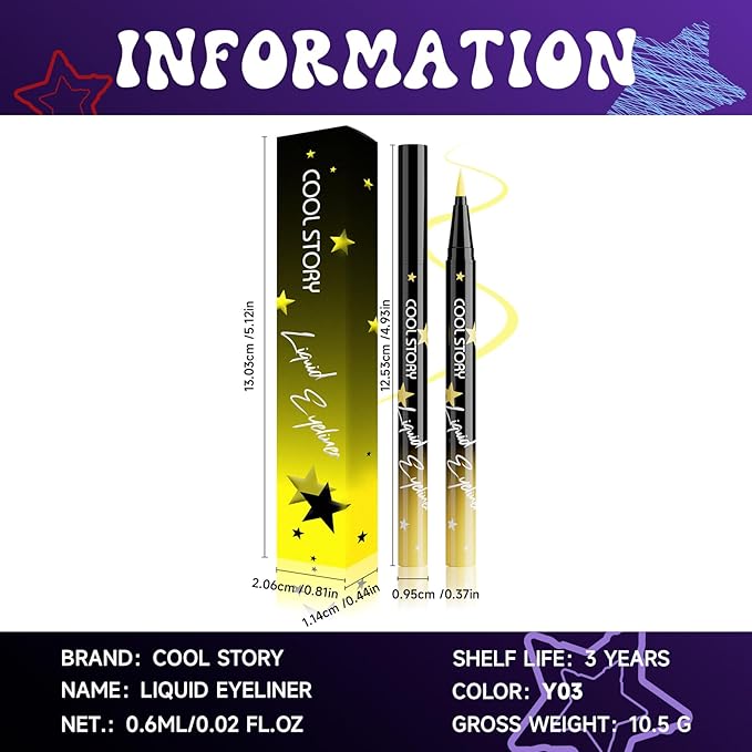 COOL STORY Liquid Eyeliner Waterproof Smudge Proof Eye Liner, 24H Long-Lasting, 0.6ml/0.02 fl.oz (Yellow)