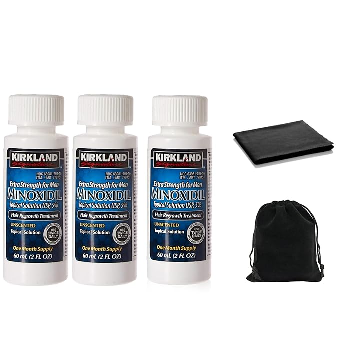 Minoxidil for Men 5% Topical Solution Extra Strength Hair Regrowth Treatment, Dropper Applicator Not Included, Clear, Includes MicroFiber Cleaning Cloths and Traveling Pouch (3 Month Supply)