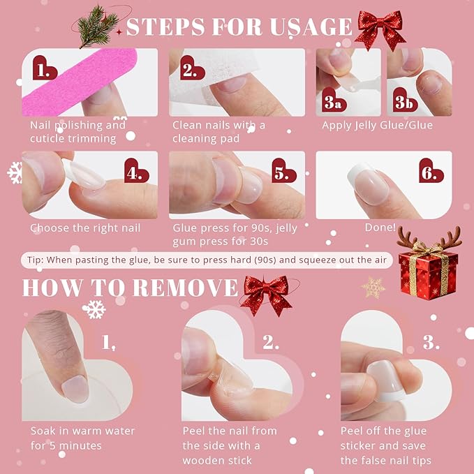 Christmas Press On Nails Almond - Jofay Fashion Pink Snowflake Glitter Press On Nails, Glossy Acrylic Fake Nails with Glue for Women, Reusable Winter Glue On Nails in 16 Sizes, 32 Pcs