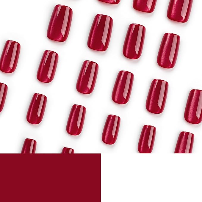 Vintage Red Cat Eye Press-On Nails β 24 Square Nails, 12 Sizes, Glossy Gel, Magnetic Shimmer, Long-Lasting, Includes Tool Kit, Easy DIY