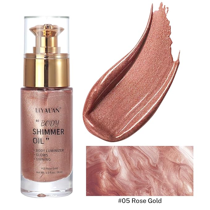 Liyalan Shimmer Body Oil 5 Color Options 1.0 fl.oz Face Glow Pearl Highlighter Illuminator Long-Lasting Shine Glitter Liquid Tanning with Makeup Brush Included (#05 Rose Gold)