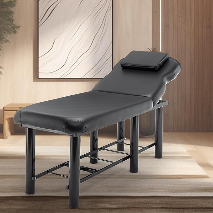 Professioanl Massage Table w/Adjustable Backrest for Treatment Table Spa Facial Bed Barber Beauty Equipment, Metal Frame PU Leather, Removable Headrest Salon Bed, Black