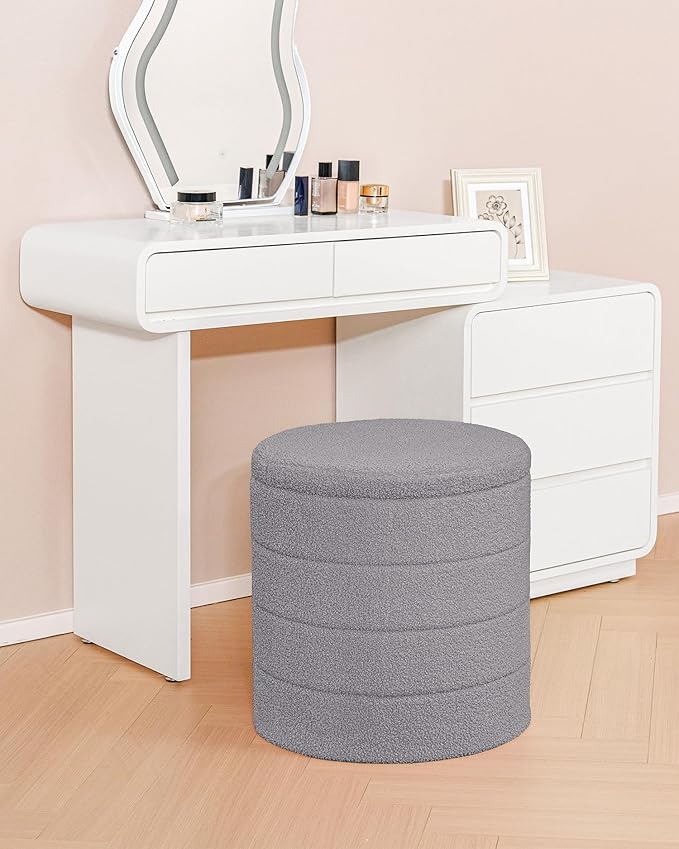 B FSOBEIIALEO Ottoman with Stroage, Round Sherpa Storage Ottoman Stool, Boucle Foot Rest 16.9"x16.9"x17.7"(Grey