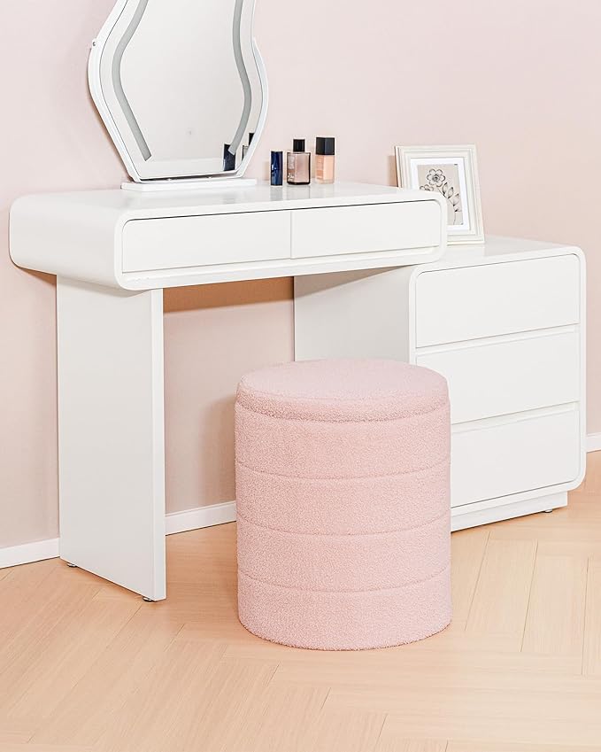 B FSOBEIIALEO Ottoman with Stroage, Round Sherpa Storage Ottoman Stool, Boucle Foot Rest 14.6"x14.6"x17.7"(Pink