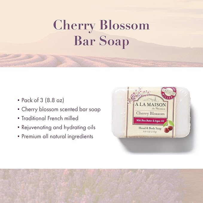 A LA MAISON Cherry Blossom Bar Soap - Triple French Milled Natural Moisturizing Hand Soap Bar (3 Bars of Soap, 8.8 oz)