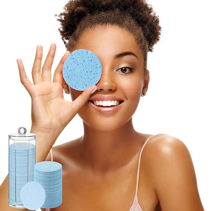 Sieral 120pcs Compressed Facial Sponges Disposable Natural Face Sponges Round Soft Pads with Container for Washing Face Cleansing Exfoliating Esthetician Makeup Removal Travel(Light Blue)