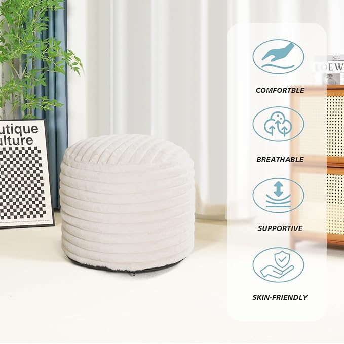 Pouf Ottoman Stuffed Round for Foot Rest, Faux Fur Poufs with Foam Chunk Filling, Storage Ottoman Pouf Foot Stool Cushion, 20 X 15 Inch Floor Chair for Living Room Bedroom Home Decor, Beige