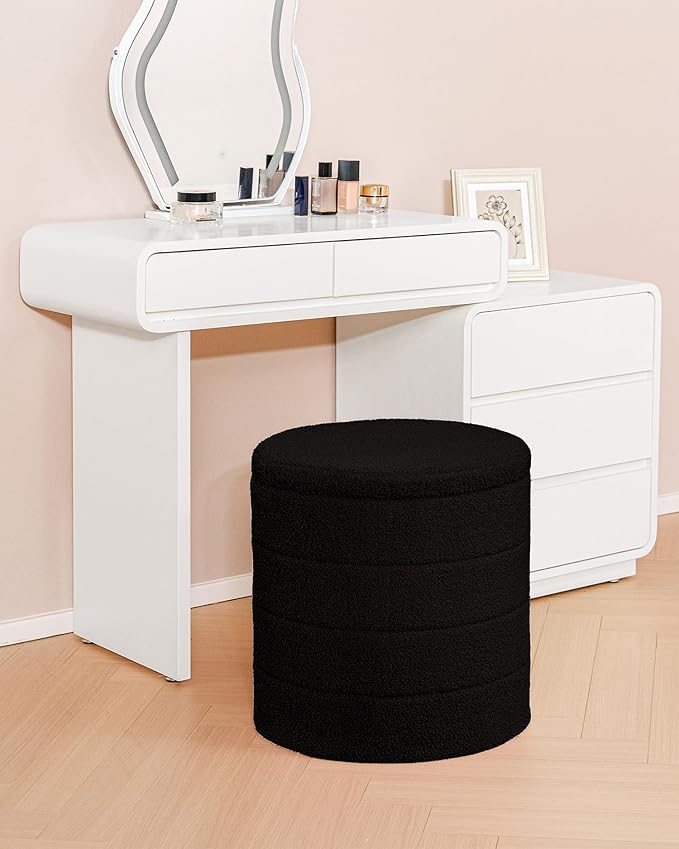 B FSOBEIIALEO Ottoman with Stroage, Round Sherpa Storage Ottoman Stool, Boucle Foot Rest 16.9"x16.9"x17.7"(Black
