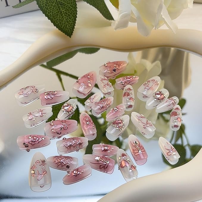 Pink Press on Nails Medium Almond Fake Nails with 3D Heart Pearl Rhinestones Designs White Gradient Bow Silver Star Stick on Nails Flower Charms Full Cover Glue on Nails for Women Girls 24Pcs