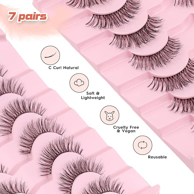 Natural Eyelashes Cat Eye Lashes 14MM Strip Lashes 3D Volume Fake Eyelashes C Curl Eye Lash Strips with Memory Band 7 Pair Siligli