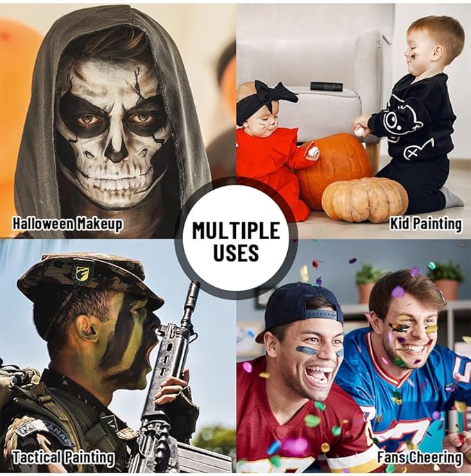 MEICOLY 7Pcs Black White Green Face Body Paint Stick Set with Setting Powder and Sponges,Clown Black White Face Paint,Green Body Paint for Halloween SFX Cosplay Makeup,Waterproof