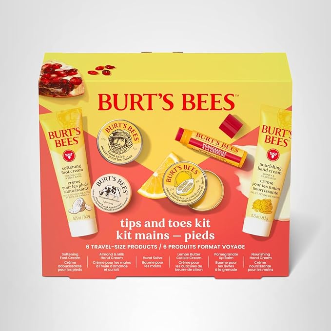 Burt's Bees Christmas Gifts - Tips and Toes Kit, 6 Travel Size Products for Stocking Stuffers - Pomegranate Moisturizing Lip Balm, 2 Hand Creams, Foot Cream, Cuticle Cream, and Hand Salve