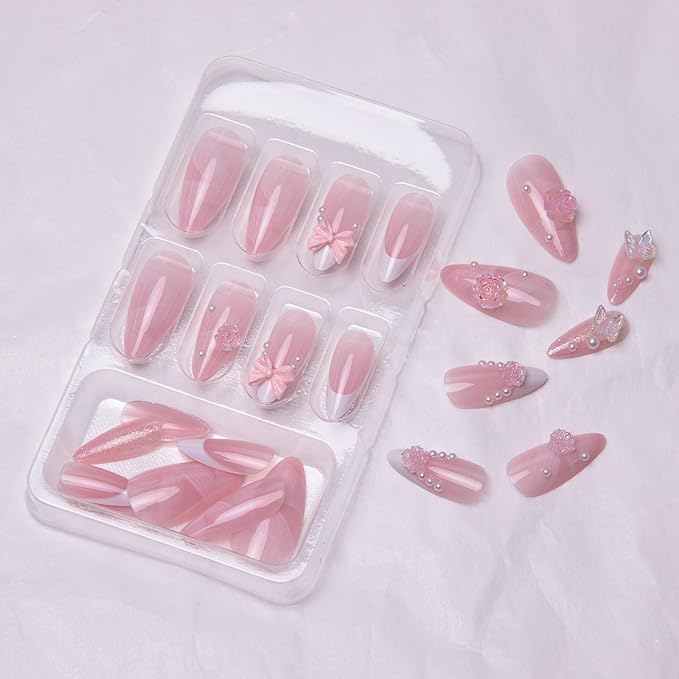 French Tip Press on Nails Medium Almond Fake Nails Bow Flowers False Nails Nude Pink Acrylic Nails with Designs Pearl Glue on Nails Artificial Nails for Women Girls Manicure Art Decoration