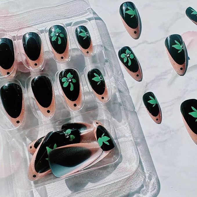 St. Patrick's Day Press on Nails Medium Length French Tip Fake Nails Green Shamrock Glitter with Rhinestones Four-leaf Clover Stick on Nails Acrylic False Nails Nail Tips for Women Manicure Art 24Pcs