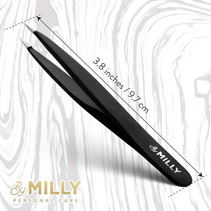 Pointed Tweezers | High Carbon Stainless Steel Needle Nose | Fine Point Precision Hair Removal | Perfectly Aligned & Hand-Filed Sharp | Black