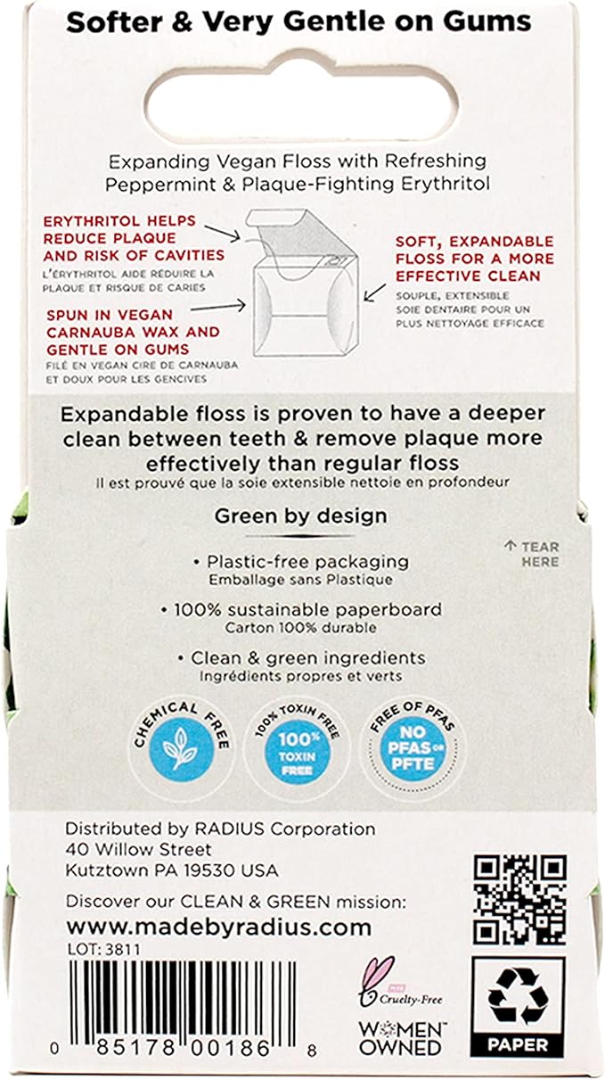 RADIUS Dental Floss, Sponge Floss, Vanilla Mint, 55 Yards, Vegan & Non-Toxic Oral Care Designed to Help Fight Plaque, Pack of 2