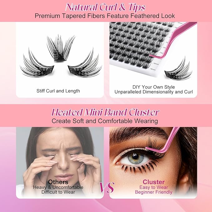 Lash Clusters DIY Eyelash Extensions 144 Clusters Lashes D Curl 0.07 Natural Individual Lash Extensions Mixed Tray False Eyelashes Soft & Strong Thin Band DIY at Home (F31-0.07D, 8-16mm)