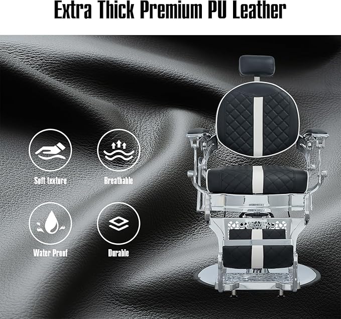 FRNIMAC Heavy Duty Barber Chair, All Purpose Vintage Style Mens Barber Chair Hydraulic Recline Salon Chair Barbershop Equipment for Beauty Spa Tatoo Massage, Weight Capacity 700lbs (Black-Chrome)