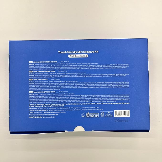 ROUND LAB Birch Juice Moisturizing Mini Kit, 4-Step Travel Size Skincare Set (Cleanser, Toner, Ampoule, Cream) | Korean Moisturizer, Hydrating Routine | Soothing Care for Acne-Prone, Sensitive Skin