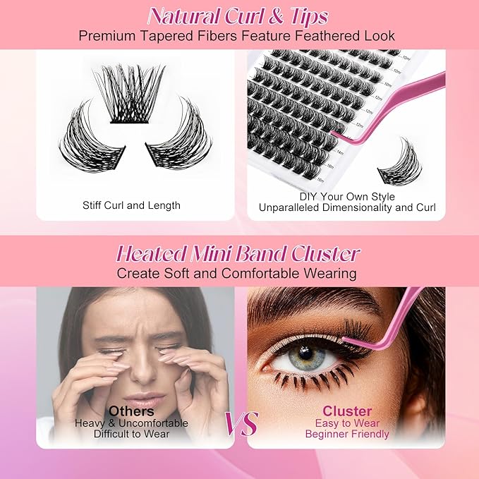 Lash Clusters DIY Eyelash Extensions 144 Clusters Lashes D Curl 0.07 Natural Individual Lash Extensions Mixed Tray False Eyelashes Soft & Strong Thin Band DIY at Home (F32-0.07D, 8-16mm)