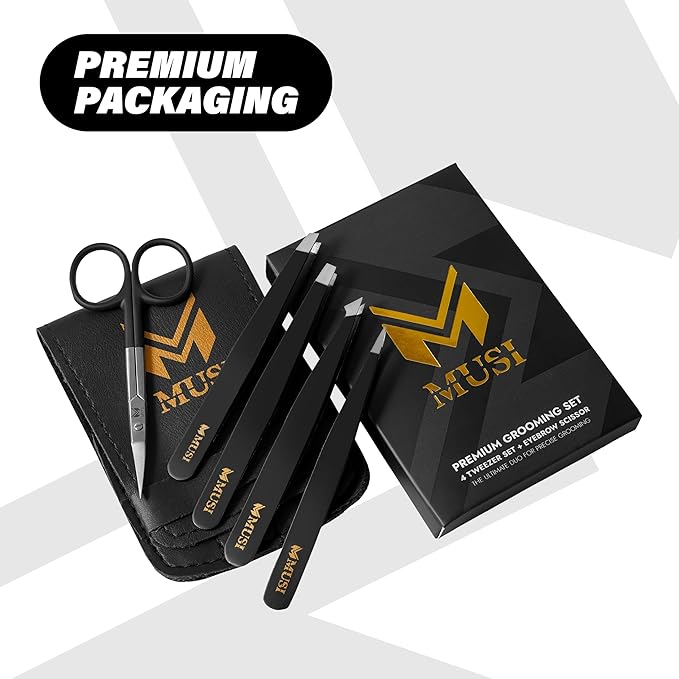 Eyebrow Tweezers Set with Eyebrow Scissors – 4+1 Stainless Steel Tweezers for Women Men Facial Hair - Sharp Tweezer for Shaping Eyebrows - Precision Grooming Tool for Plucking Coarse and Ingrown Hairs
