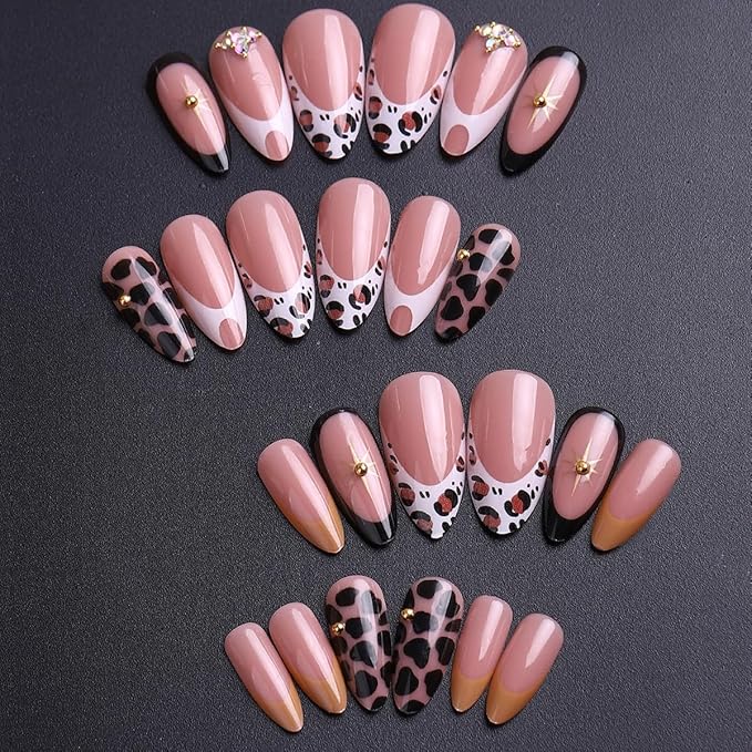 24Pcs French Tip Press on Nails Medium Almond Fake Nails with 3D Rhinestones Designs Fall False Nails Artificial Star Gems Glue on Nail Leopard Print Full Cover French Acrylic Nails for Women