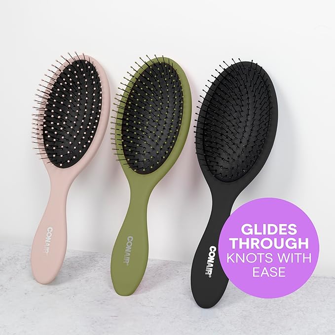 Conair Detangling Hair Brush Set, 3-Pack Detangler Brushes for Wet or Dry Hair, Gentle Detangler for All Hair Types, Bristle Hair Brushes for Women, Evergreen, Blush Pink, Black Assorted