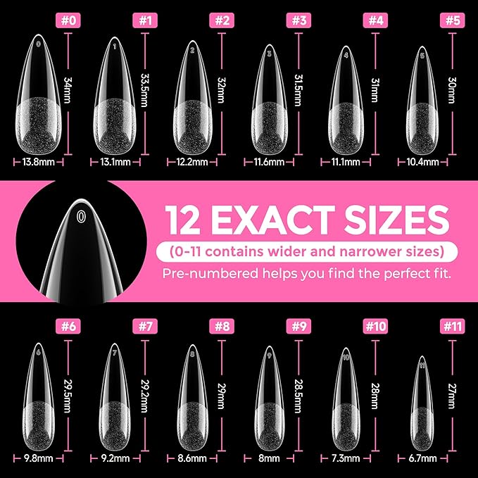 UNA GELLA Long Stiletto Gel Nail Tips: 216pcs Halloween Stiletto Almond Fake Nails Pre-Shape Long Almond Press Ons for Full Cover Acrylic French False Nails for Nail Extension DIY Salon 12 Sizes