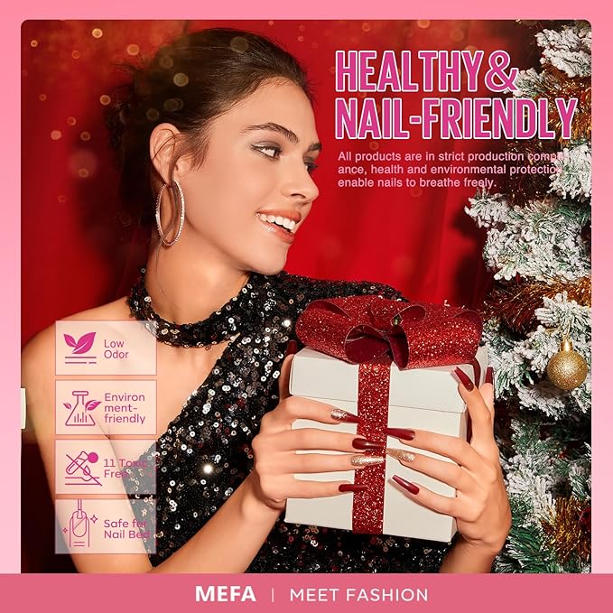 MEFA Christmas Gel Nail Polish Set, 12 Colors Pink Red Gel Polish Set Shimmering Gold Silver Glitter Nail Polish Soak Off Purple Nude White Brown Gifts for Girl DIY Salon Home Manicure