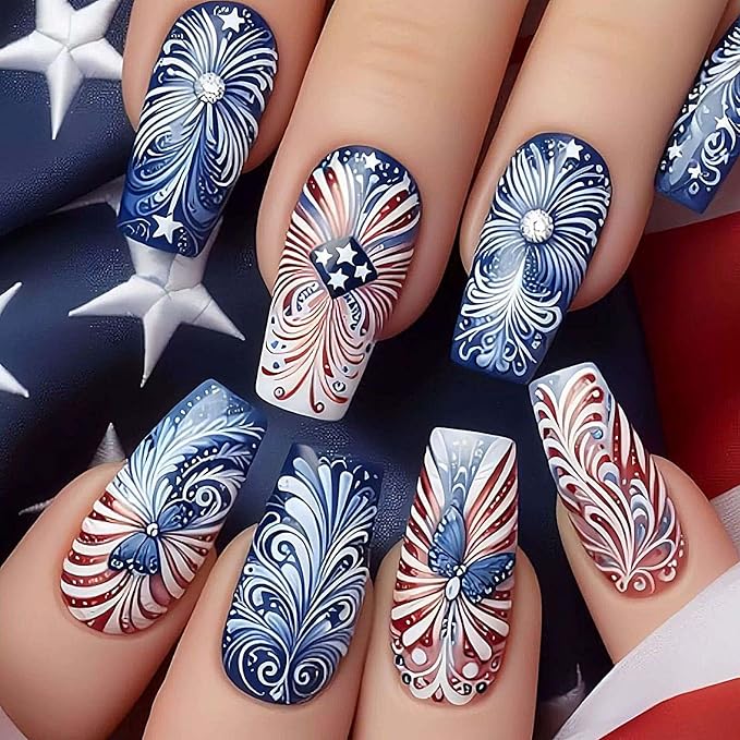 Long Press on Nails Coffin Fake Nails Blue False Nails with Design Full Cover Nails for Independence Day 24pcs Kit