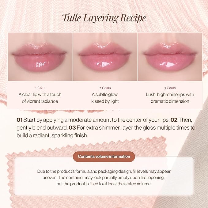 ENTROPY MAKEUP Tulle Lip Gloss, Lightweight 3D Pearl Shimmer, Ultra-Gloss High Shine, Non-Sticky Moisturizing Lip Gloss with Peptide Complex, Frill