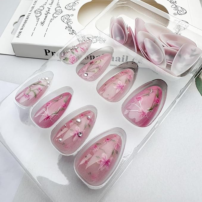 Peach Blossom Press on Nails Short Medium Almond Fake Nails with 3D Pearl Diamond Designs Pink Flower Full Cover Stick on Nails Pink White Gradient Glossy Acrylic False Nails for Women 24Pcs