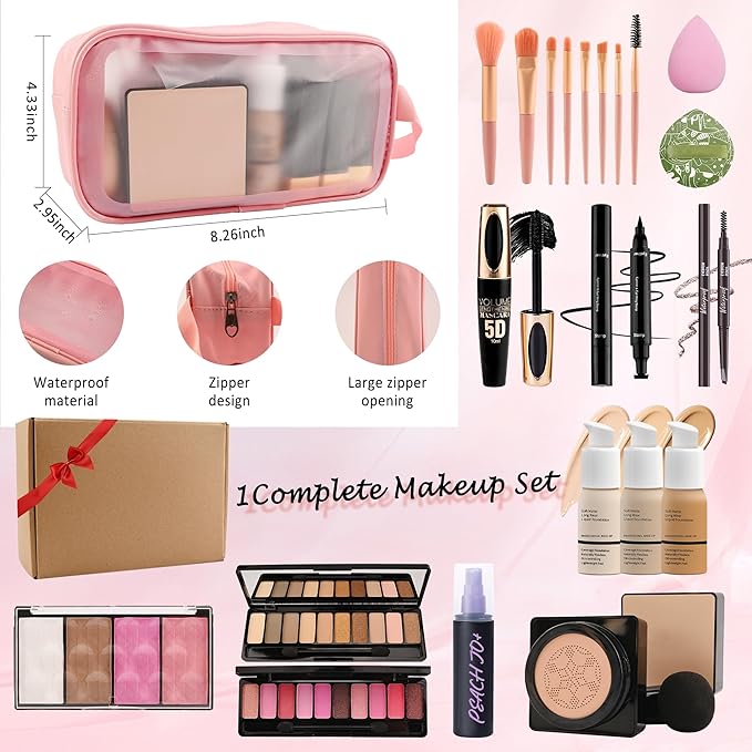All In One Multipurpose Makeup Kit for Women,Travel Makeup Sets,Makeup Gift Full Kit,Includes Foundation Eyeshadow Palette Lipstick Mascara Eyeliner Blusher Cosmetic Brush Set with Makeup Bag-Set A
