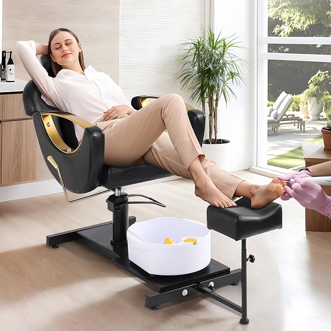 Pedicure Station No Plumbing, Hydraulic Pedicure Chair for Nail Tech, Height Adjustable Reclining Pedicure Station Unit, 360 Degree Swivel Foot Spa Chair with Massage Foot Bath (Black)