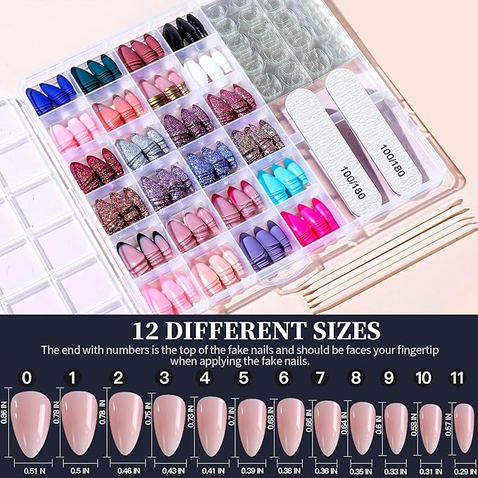 FANDAMEI Press on Nails, 24 Colors 576PCS Press on Nails Almond, Matte Glossy Press on Nails Short Almond, Glitter Fake Nails, Press on Nails French Tip Natural, Press on Nails for Nail Art