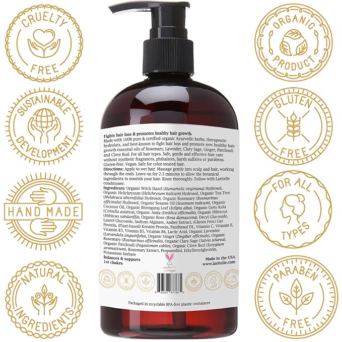 Laritelle Organic Shampoo Fertile Roots 17.5 oz – Fights Hair Loss & Promotes Healthy New Growth with Lavender, Ginger, Rosemary, Patchouli, Clary Sage – Strengthens, Nourishes & Balances Scalp