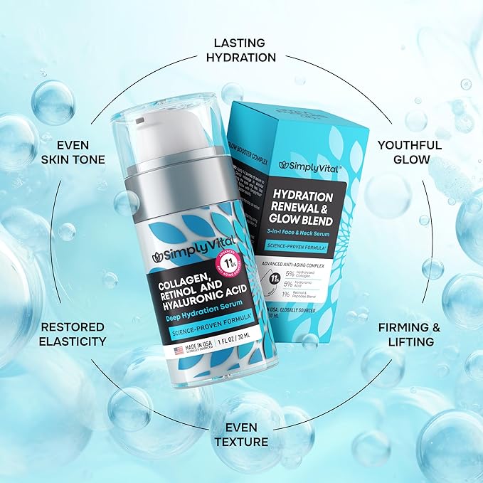 SimplyVital Collagen, Retinol & Hyaluronic Acid Serum - Anti-Aging Moisturizer for Face, Neck & Décolleté - Made in USA, Deep Moisturizing Skin Care Complex - Hydrating Facial Serum for Women, 1 fl.oz