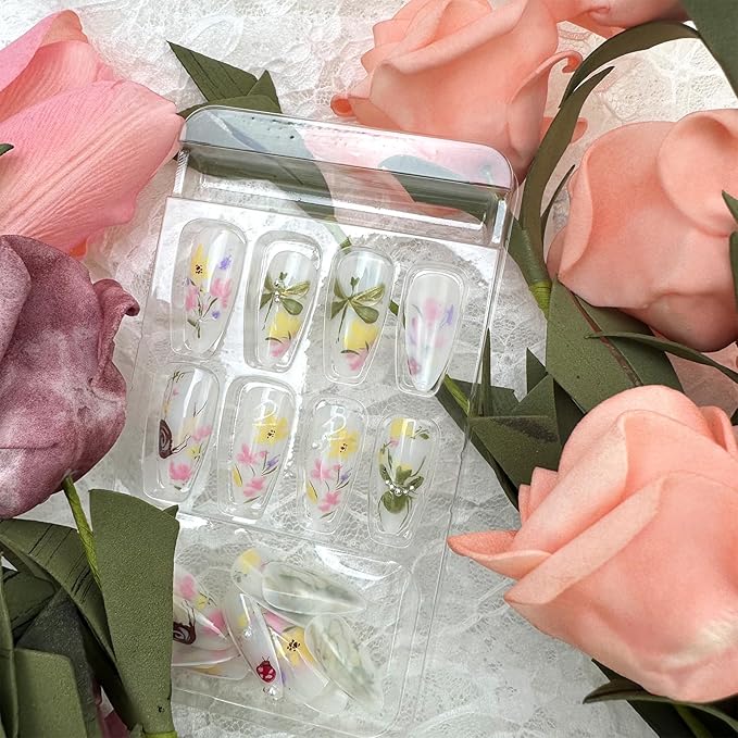 30Pcs Colorful Flower Press On Nails Medium Almond Fake Nails with 3D Water Drop Pearl Design Spring Summer Floral Gold Line False Nails Snails Dragonfly Butterfly Stick on Nails for Women