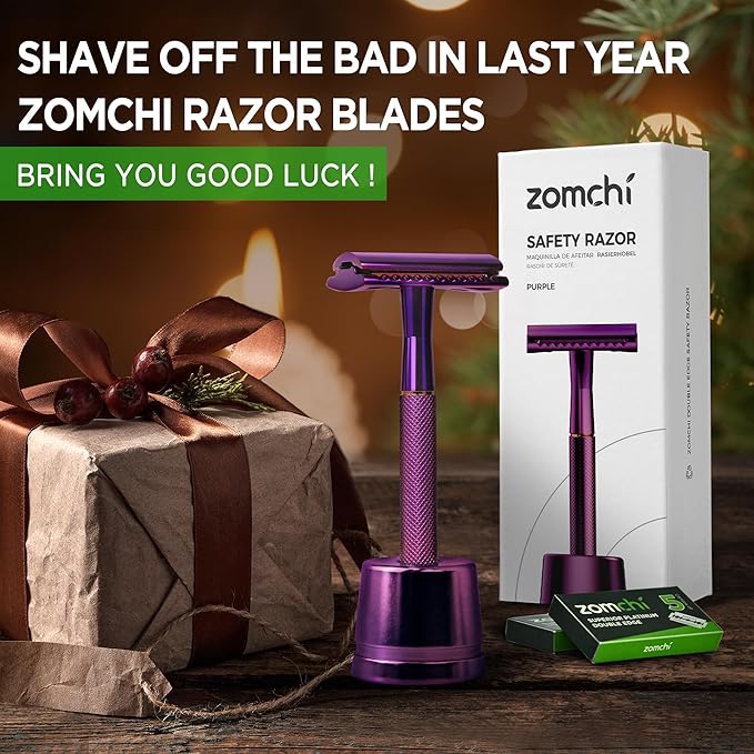 ZOMCHI Purple Double Edge Safety Razor with Stand,Reusable,10 Blades,Unisex-Adults – Purple