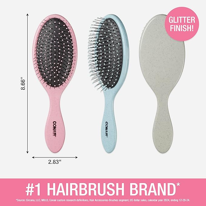 Conair Detangling Hair Brush Set 3 Pack, For Wet, Dry and All Hair Types, Detangling Brushes for Women, Glitter Silver, Blue, Pink