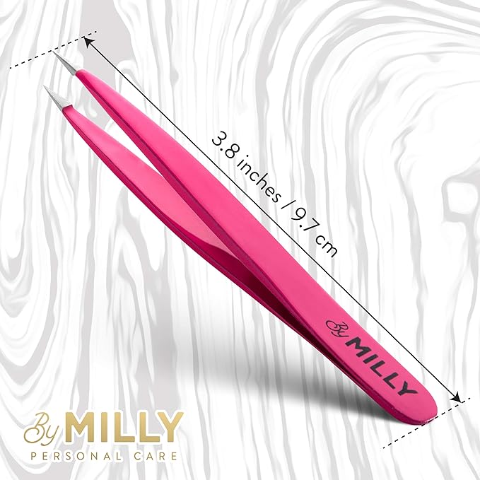 Pointed Tweezers | High Carbon Stainless Steel Needle Nose | Fine Point Precision Hair Removal | Perfectly Aligned & Hand-Filed Sharp | Pink
