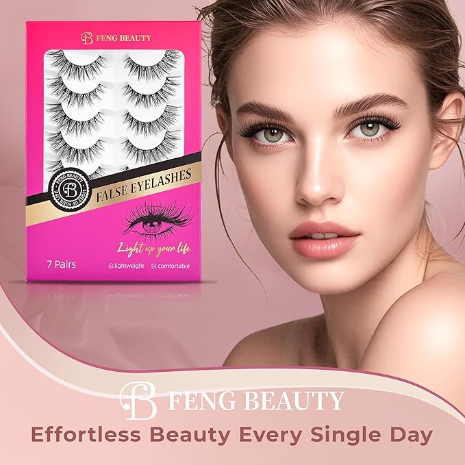 Cat Eye Lashes – Natural Wispy False Eyelashes with Clear Band, Reusable Fake Eyelash Strip Lashes for Daily Wear, 7 Pairs Natural Look
