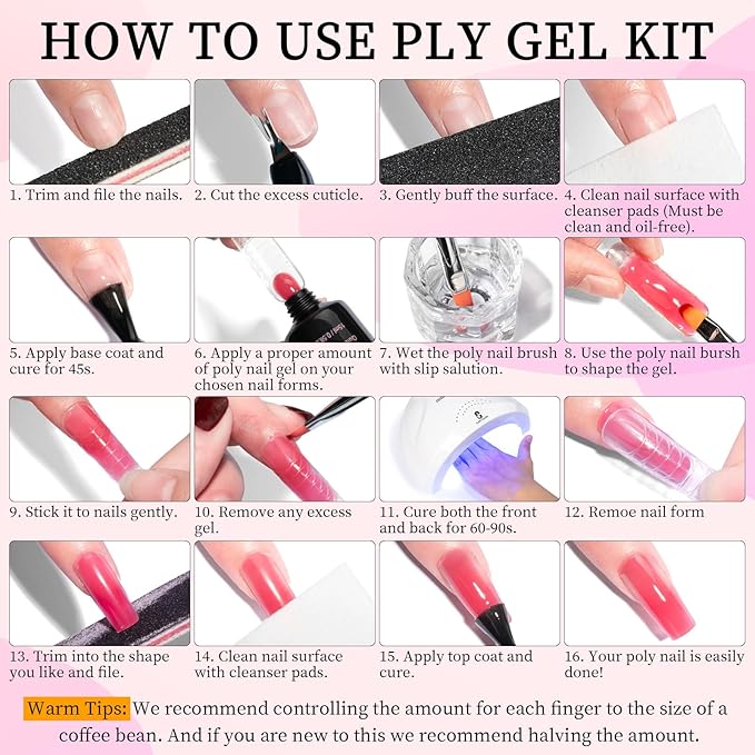 Clara Colors Poly Gel Nail Kit, 12 Colors Clear Jelly Nude Pink Poly Extension Gel Nail Kit All In One Polygel Nail Kit Starter Kit with Slip Solution and Tools for Nail Art DIY with Everything