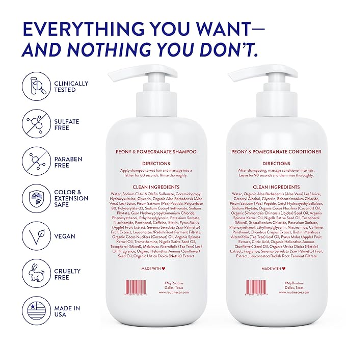 Routine Wellness Anti-Thinning Shampoo and Conditioner Set for Thinning Hair - Biotin DHT Blocker Women & Men - Color Safe Shampoo for Hair Loss & Healthier Hair - Peony & Pomegranate (Pack of 2)