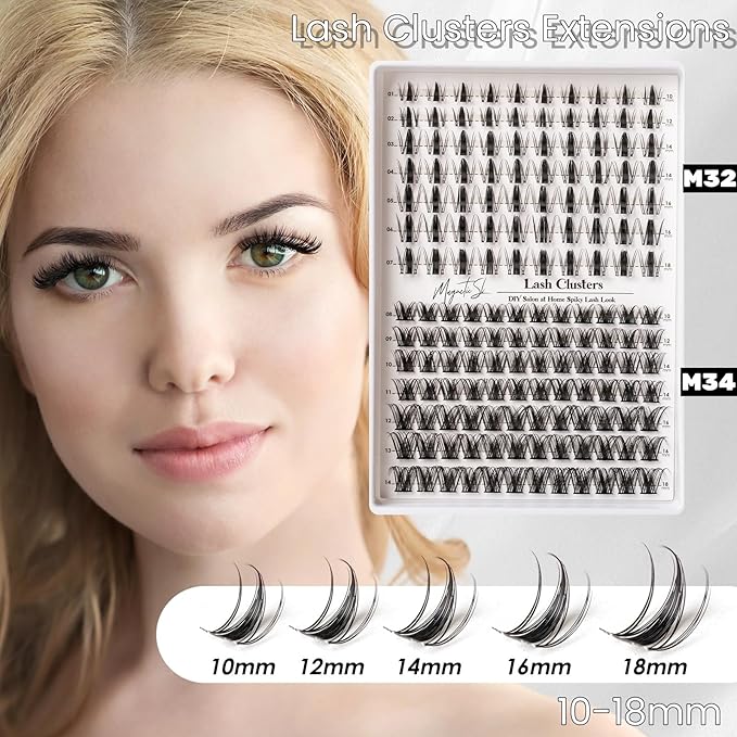 Lash Clusters 154pcs Manga Lash Extension Kit Curly 10-18mm Cluster Eyelash Extensions Natural Lash with Bond and Seal-M32+M34(Spiky+Natural)