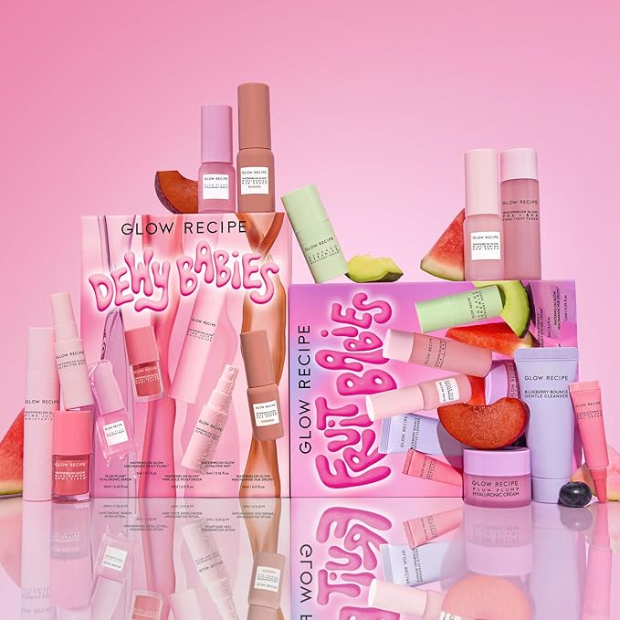 Glow Recipe Dewy Babies Travel Skincare Set - Plum Plump Hyaluronic Acid Serum + Dewy Flush Tinted Blush Drops + Pink Juice Face Moisturizer + Bronzing Hue Drops + Ultra Fine Facial Mist (5 Count)