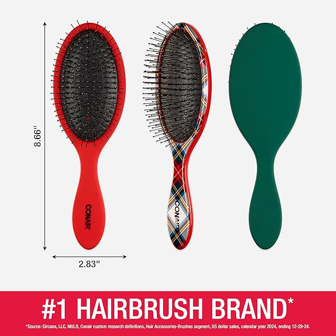 Conair Detangling Hair Brush Set 3 Pack, For Wet, Dry and All Hair Types, Detangling Brushes for Women in Tartan, Red, Green