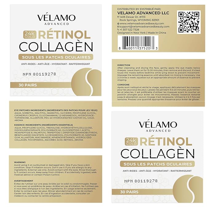 VELAMO ADVANCED Under Eye Patches: 24K Gold Under Eye Mask for Puffy - Retinol Patchology Eye Patches for Wrinkles and Dark Circles Puffiness- Collagen Under Eye Bags Treatment for Women Men 60 Pcs